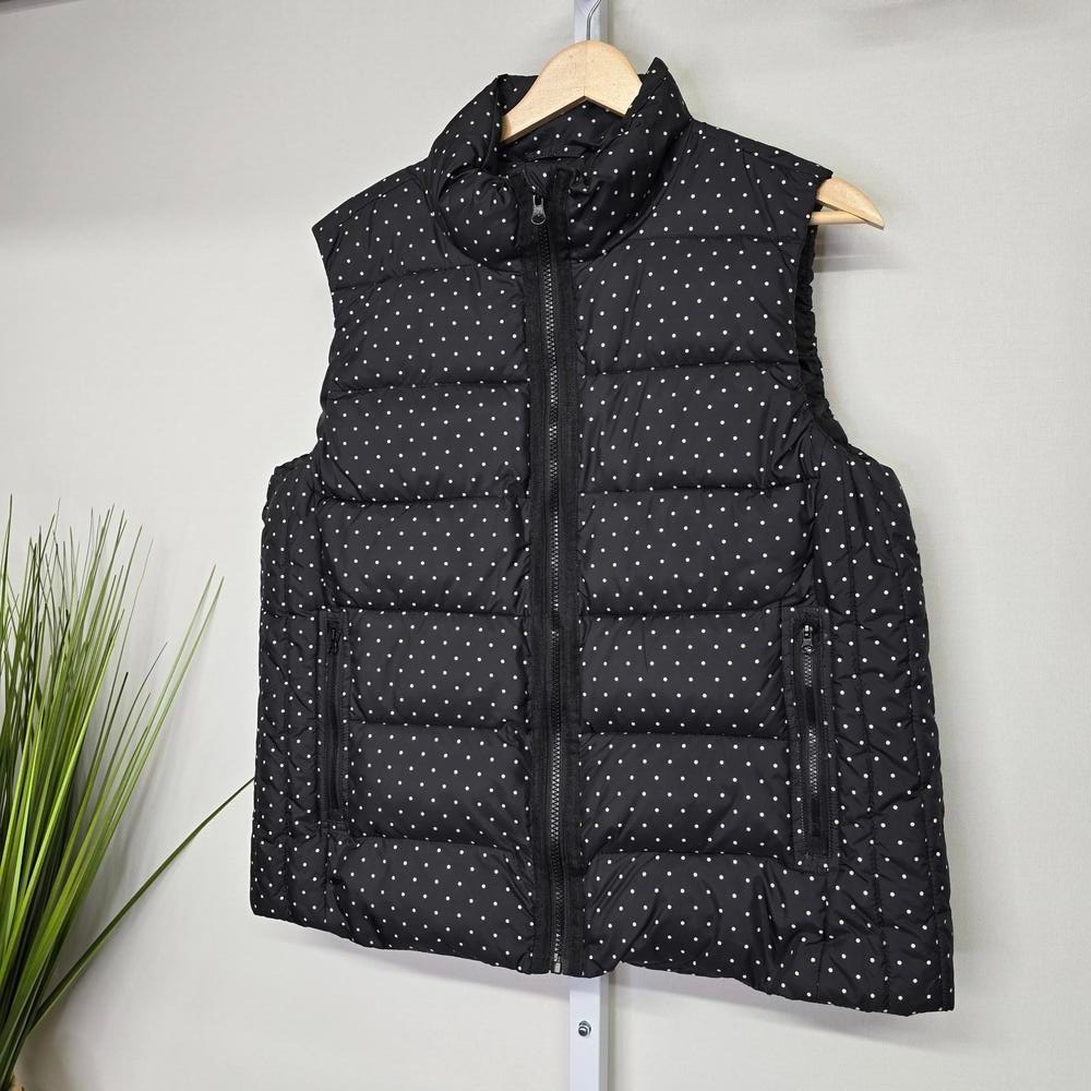 Laura Scott Womens Black Polka Dot Puffer Vest Quilted Full Zip Size Large